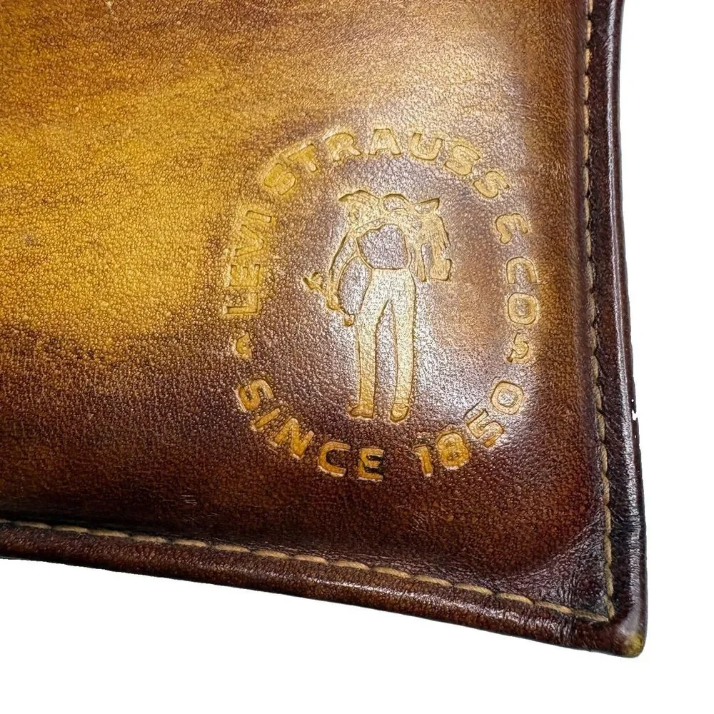 Vintage 1970s Levi Strauss & Co Orange Tab Leather Brown Wallet Denim Lining